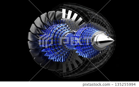Jet engine inside - on black background - 3D illustration 135255994