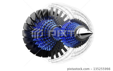Jet engine inside - on white background - 3D illustration 135255998