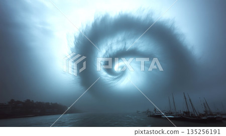 A swirling cloud formation dominates the sky over a harbor with moored boats. Concept of dramatic weather and natural phenomena. 135256191
