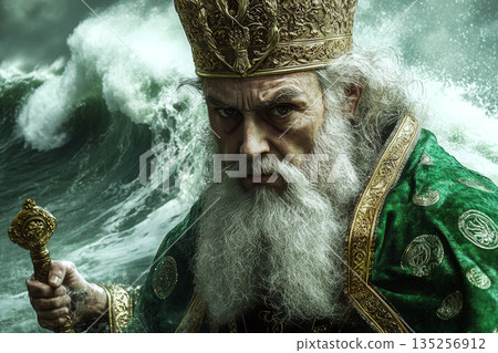 An elderly man in ornate robes and crown stands before crashing waves, holding a staff. Concept of authority, nature, and mythology. 135256912