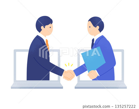 線上商務談判和電子合約簽署。商務人士隔著電腦螢幕握手。 135257222