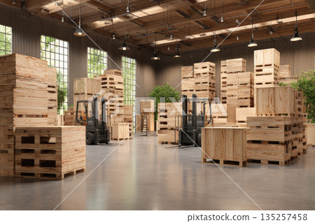 Zero waste distribution hub with wooden crate and pallet storage system in spacious warehouse featuring natural light and organized logistics for sustainable supply chain 135257458