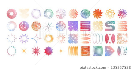 Colorful geometric shapes, modern grunge symbols. Simple primitive elements and forms, distressed details. Retro design, aged, vintage, trendy contemporary minimalist style, y2k. Vector illustration Colorful geometric shapes, modern grunge symbols. Simple primitive elements and forms, distressed details. Retro design, aged, vintage, trendy contemporary minimalist style, y2k. Vector illustration 135257528