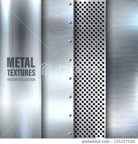 Realistic metal banners. Brushed steel or aluminium plate. Polished metal surface. Old grunge texture with scratches. Vector illustration Realistic metal banners. Brushed steel or aluminium plate. Polished metal surface. Old grunge texture with scratches. Vector illustration 135257530