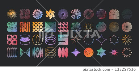 Brutalist geometric shapes, modern grunge symbols. Simple primitive elements and forms, distressed details. Retro design, aged, vintage, trendy contemporary minimalist style, y2k. Vector illustration Brutalist geometric shapes, modern grunge symbols. Simple primitive elements and forms, distressed details. Retro design, aged, vintage, trendy contemporary minimalist style, y2k. Vector illustration 135257536