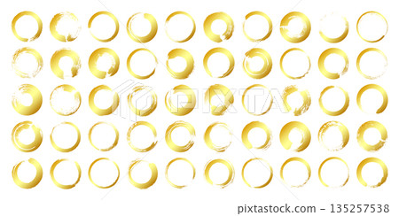 Golden grunge circles, brush strokes, lines, ink smudges, hand-drawn scribble shapes. Handmade sketchy marks, acrylic stains, charcoal streaks. Paint textures, dry brush effect. Vector illustration Golden grunge circles, brush strokes, lines, ink smudges, hand-drawn scribble shapes. Handmade sketchy marks, acrylic stains, charcoal streaks. Paint textures, dry brush effect. Vector illustration 135257538