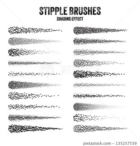 Ink scatter brush, stipple drawing and texturing. Fading gradient. Stippling, dotwork drawing, shading using dots. Halftone disintegration effect. White noise grainy texture. Vector illustration 135257539