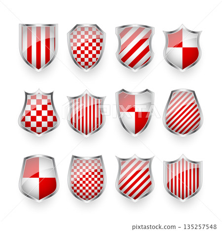 Glossy shields with red and black white. Security and protection concept. Cyber safety icons, internet privacy, web defense, digital data protection and antivirus themes. Vector illustration 135257548