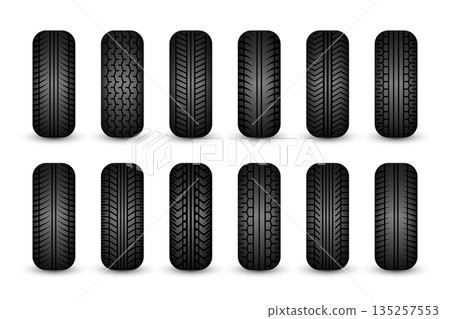 Rubber tires silhouettes. Car, truck, and motorcycle wheels, tread pattern designs. Perfect for automotive, racing, and motorsport themes, repair service and transport industry. Vector illustration Rubber tires silhouettes. Car, truck, and motorcycle wheels, tread pattern designs. Perfect for automotive, racing, and motorsport themes, repair service and transport industry. Vector illustration 135257553