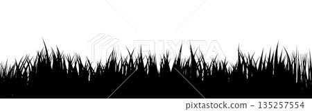 Meadow silhouette with grass, plants on plain. Panoramic summer lawn landscape with herbs, various weeds. Herbal border, frame element. Black horizontal banners. Vector illustration 135257554