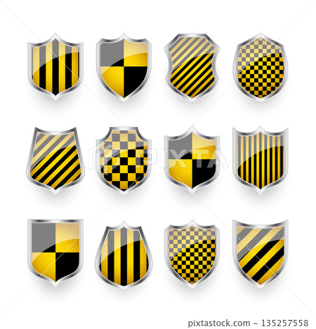 Glossy shields with yellow and black pattern. Security and protection concept. Cyber safety icons, internet privacy, web defense, digital data protection and antivirus themes. Vector illustration 135257558