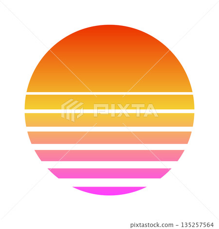 Vintage colorful sunset. Striped gradient sunrise badge in 80s and 90s style. Sun and ocean view, summer vibes, surfing. Design element for print, logo or t-shirt. Vector illustration 135257564