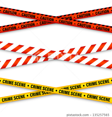 Barricade construction tape. Colorful police warning line, brightly colored danger or hazard stripe, ribbon. Restricted area, zone. Attention symbol. Vector illustration 135257565