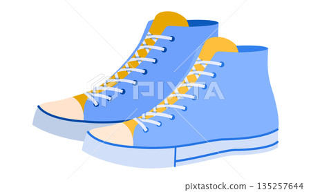 High top canvas sneakers shoe flat pair. Comfortable canvas footwear for city walk, creative job, relaxed everyday style 135257644