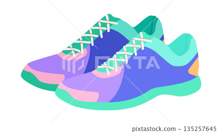 Woman running sneaker shoe flat pair. Comfortable colorful sport footwear for everyday wear, weekend fun youth wardrobe  135257645