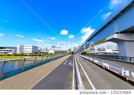 Cityscape along Kan-ni Dori in Koto Ward, Tokyo (near Toyosu Market) 135257669