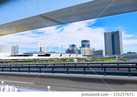 Cityscape along Kan-ni Dori in Koto Ward, Tokyo (near Toyosu Market) 135257671