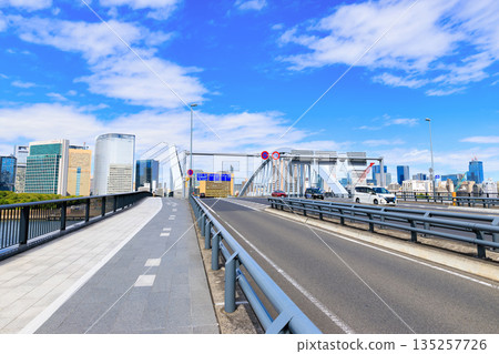 Cityscape along Kan-ni Dori in Chuo Ward, Tokyo (near Tsukiji Bridge) 135257726