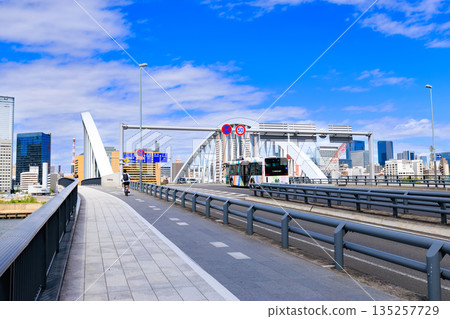 東京中央區 Kan-ni Dori 沿線的城市景觀(築地橋附近) 東京中央區 Kan-ni Dori 沿線的城市景觀(築地橋附近) 135257729