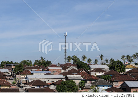 Cell Tower Over Rooftops with Natural Light and Clear Sky in Rural Area for Telecommunications Infrastructure and Connectivity Solutions 135257991