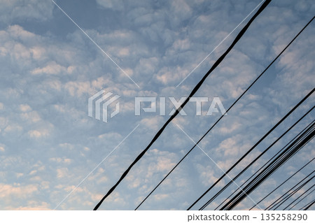 Electrical cables stretching across a serene sky with soft, cloud-filled backdrop under natural light, providing ample copy space for design projects 135258290