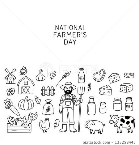 Black and white National Farmer's Day vector illustration depicting a farmer surrounded by farm produce and animals. Black and white National Farmer's Day vector illustration depicting a farmer surrounded by farm produce and animals. 135258445