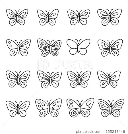 Vector illustration featuring a collection of various hand drawn butterfly designs. Each butterfly is unique, featuring different patterns and wing styles. Perfect for creative projects. 135258446