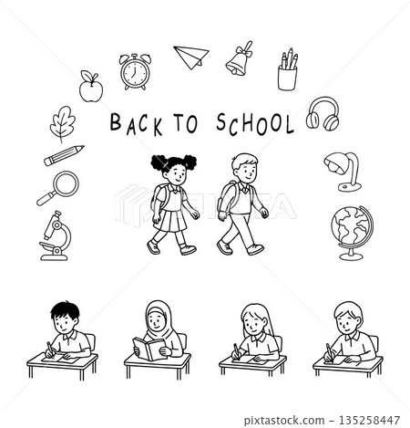 Black and white vector illustration of children going to school and studying at their desks with school supplies. Black and white vector illustration of children going to school and studying at their desks with school supplies. 135258447