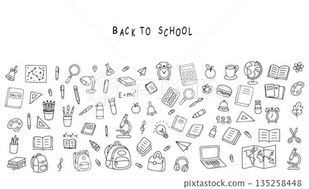 Back to School. Hand drawn illustration of school supplies and education icons including pencils, books, calculators and globes. Perfect for school themes and educational designs. Back to School. Hand drawn illustration of school supplies and education icons including pencils, books, calculators and globes. Perfect for school themes and educational designs. 135258448
