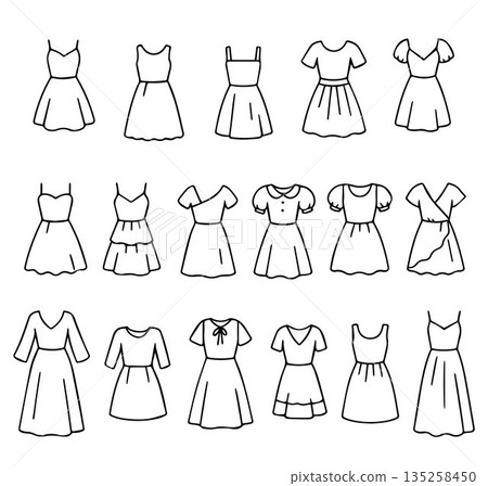 Hand drawn vector illustration depicting many different dress models with different necklines, sleeves and skirt types. 135258450