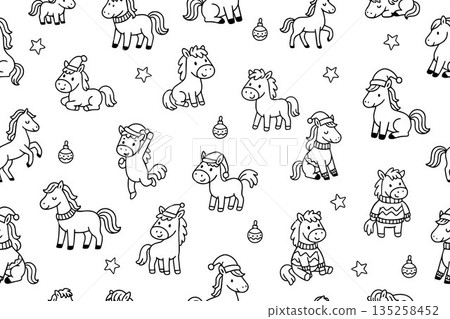 Seamless pattern with cute ponies and horses in doodle style for Chinese New Year 2026. Cute hand drawn foals in Santa hat with gifts and Christmas tree Seamless pattern with cute ponies and horses in doodle style for Chinese New Year 2026. Cute hand drawn foals in Santa hat with gifts and Christmas tree 135258452
