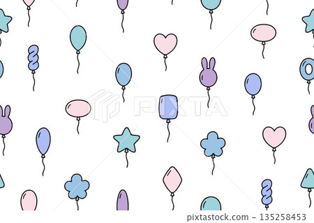 Seamless pattern of linear white balloons of different shapes on a blue background. Perfect for holiday designs, packaging. Vector illustration Seamless pattern of linear white balloons of different shapes on a blue background. Perfect for holiday designs, packaging. Vector illustration 135258453