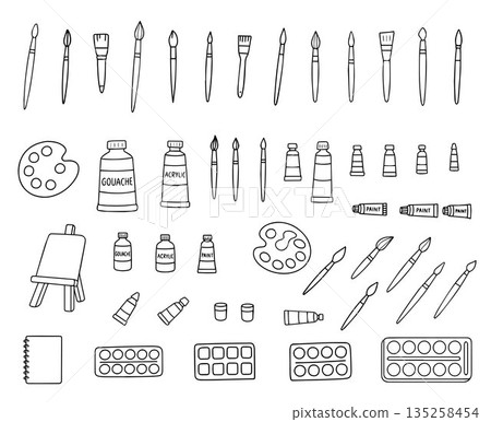 Vector illustration featuring various art supplies including paintbrushes, palettes, and paint tubes. Perfect for artistic designs, educational materials, and creative projects. Vector illustration featuring various art supplies including paintbrushes, palettes, and paint tubes. Perfect for artistic designs, educational materials, and creative projects. 135258454