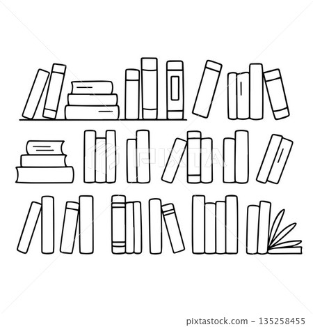 Books on a shelf in various formations, depicted in a minimalist vector illustration. Perfect for educational content, library themes, or reading-related projects. Books on a shelf in various formations, depicted in a minimalist vector illustration. Perfect for educational content, library themes, or reading-related projects. 135258455