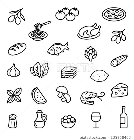 Black and white vector illustration of simple food icons, including pasta, pizza, wine, cheese, and more. Perfect for culinary designs and Italian cuisine themes. Black and white vector illustration of simple food icons, including pasta, pizza, wine, cheese, and more. Perfect for culinary designs and Italian cuisine themes. 135258463
