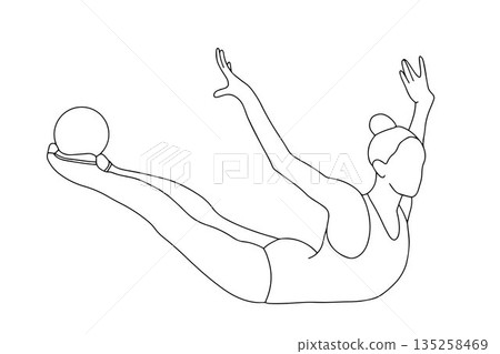 Vector illustration of a rhythmic gymnast with a ball. The gymnast gracefully stretches her legs and arms while holding the ball 135258469