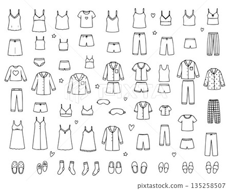 Vector illustration showcasing a collection of diverse sleepwear outfits in minimalistic black and white style. Includes pajamas, nightgowns, slippers, and accessories. 135258507