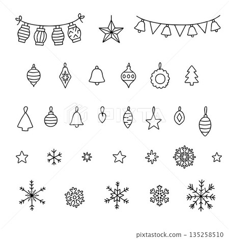 Vector illustration featuring Christmas ornaments like snowflakes, stars, and bells in a simple outline style. Perfect for holiday-themed designs and festive decor projects. Vector illustration featuring Christmas ornaments like snowflakes, stars, and bells in a simple outline style. Perfect for holiday-themed designs and festive decor projects. 135258510