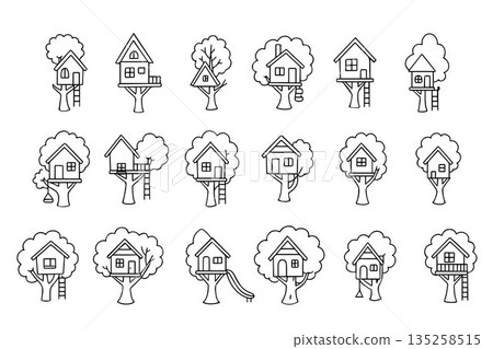 Collection of various treehouse designs in a vector illustration format, showcasing different architectural styles. Ideal for creative projects, architectural concepts, and playful designs. 135258515