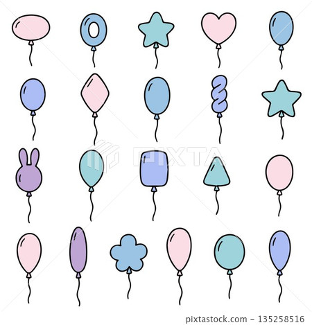 Vector illustration of various colorful balloons in different shapes including heart, star, and rabbit, arranged in rows on a plain white background. Perfect for festive designs. Vector illustration of various colorful balloons in different shapes including heart, star, and rabbit, arranged in rows on a plain white background. Perfect for festive designs. 135258516
