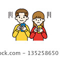 Vector illustration material set of young men and women with troubled expressions looking at smartphones_Color 135258650