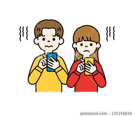 一組向量插圖素材,描繪了表情憂慮的年輕男女看著智慧型手機的場景(彩色)。 一組向量插圖素材,描繪了表情憂慮的年輕男女看著智慧型手機的場景(彩色)。 135258650