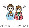 Vector illustration material set of men and women in their 20s and 30s who look troubled while looking at their smartphones_Color 135258651