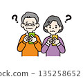 Senior men and women worried about looking at their smartphone screens, vector illustration set_color 135258652