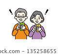 Vector illustration material set of grandfather and grandmother who are surprised at the screen of their smartphone_Color 135258655