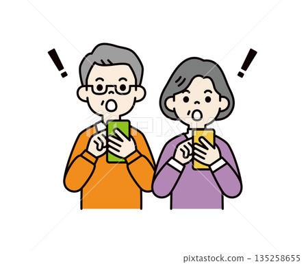 Vector illustration material set of grandfather and grandmother who are surprised at the screen of their smartphone_Color Vector illustration material set of grandfather and grandmother who are surprised at the screen of their smartphone_Color 135258655