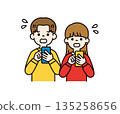 Young men and women, couples, and students looking at their smartphones and getting anxious, vector illustration set_color 135258656