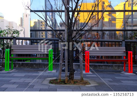 A pair of colorful benches A pair of colorful benches 135258713