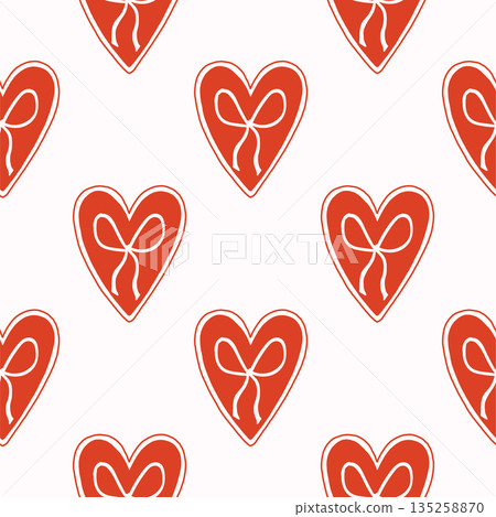 Vector seamless pattern with decorative hearts in a whimsical doodle style. Romantic pink and red design inspired by folk art, perfect for Valentines Day, wrapping paper, textiles, and branding 135258870