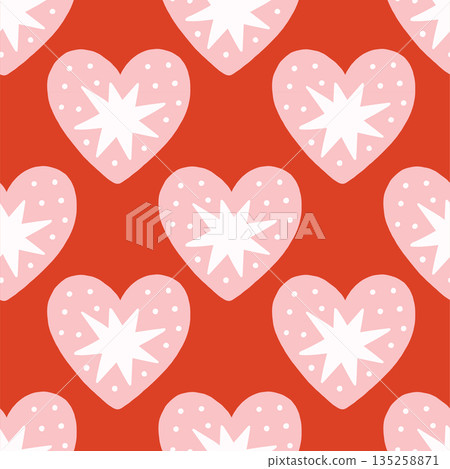 Vector seamless pattern with decorative hearts in a whimsical doodle style. Romantic pink and red design inspired by folk art, perfect for Valentines Day, wrapping paper, textiles, and branding Vector seamless pattern with decorative hearts in a whimsical doodle style. Romantic pink and red design inspired by folk art, perfect for Valentines Day, wrapping paper, textiles, and branding 135258871